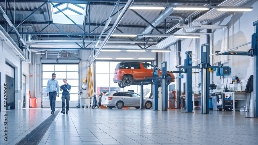Automotive tools and shop equipment laid out for repair work