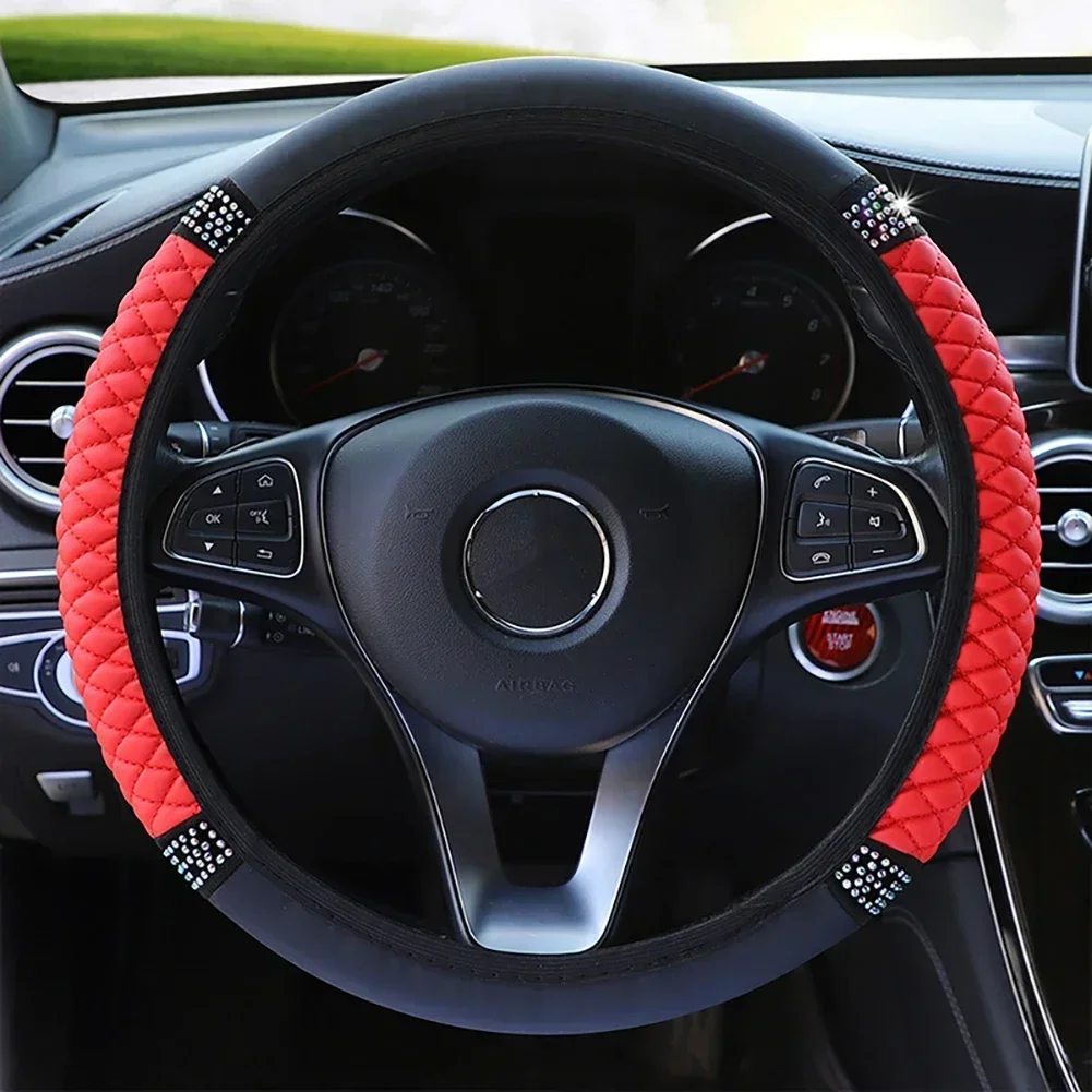 Car Steering Wheel Cover Without Inner Ring 37-38cm Three-dimensional Leather Embroidered Color Diamond-encrusted Breathable - Image 5