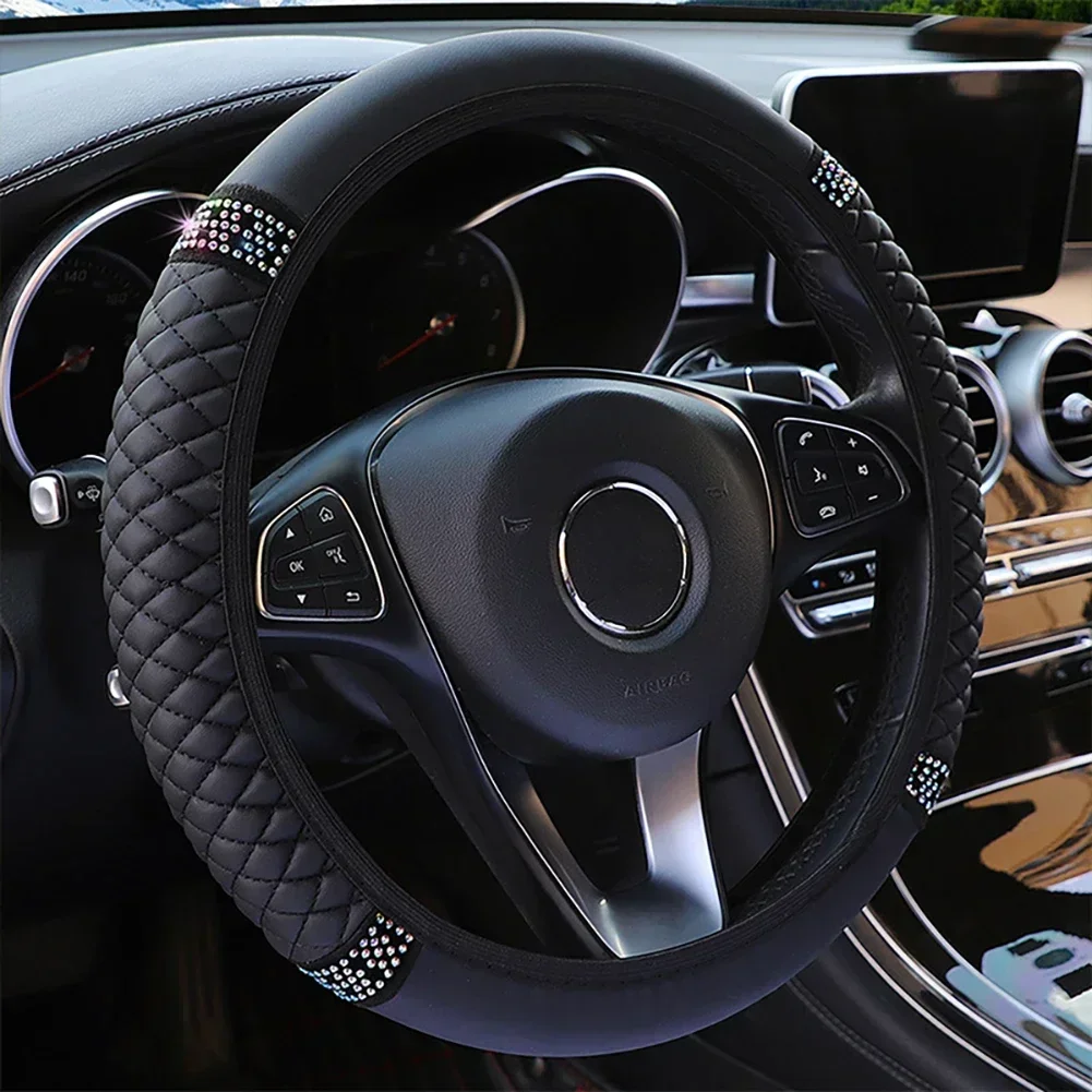 Car Steering Wheel Cover Without Inner Ring 37-38cm Three-dimensional Leather Embroidered Color Diamond-encrusted Breathable - Image 2
