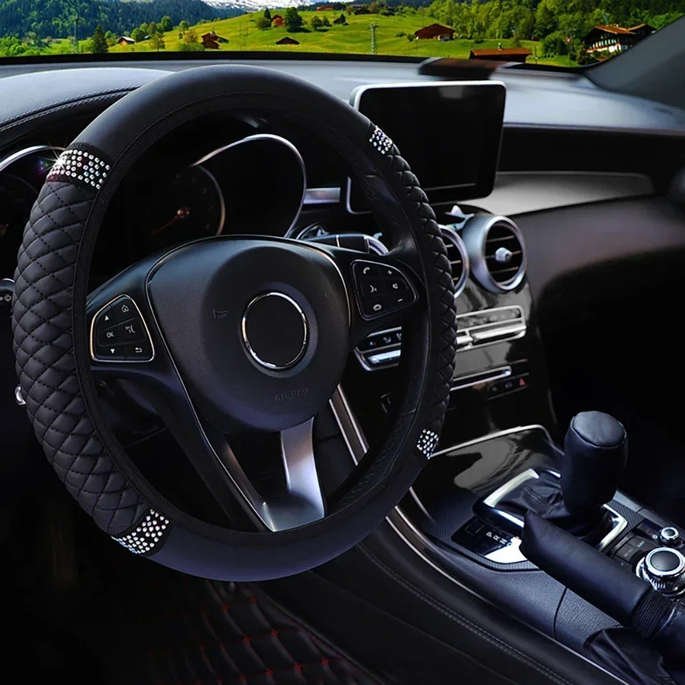 Car Steering Wheel Cover Without Inner Ring 37-38cm Three-dimensional Leather Embroidered Color Diamond-encrusted Breathable - Image 7