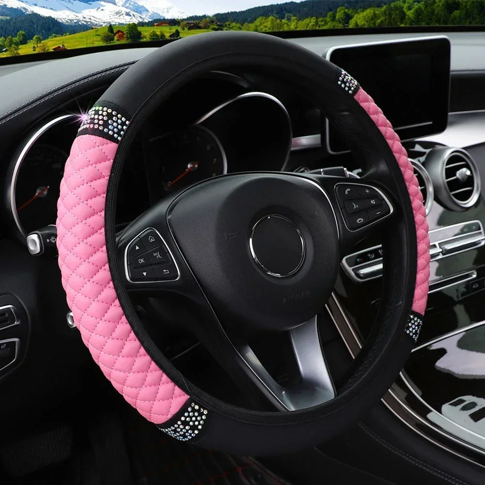 Car Steering Wheel Cover Without Inner Ring 37-38cm Three-dimensional Leather Embroidered Color Diamond-encrusted Breathable - Image 4