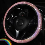 3Pcs Car Steering Wheel Cover Pink Bling Glitter Handbrake Gear Cover Auto Interior Steering Wheel Covers 37-38cm