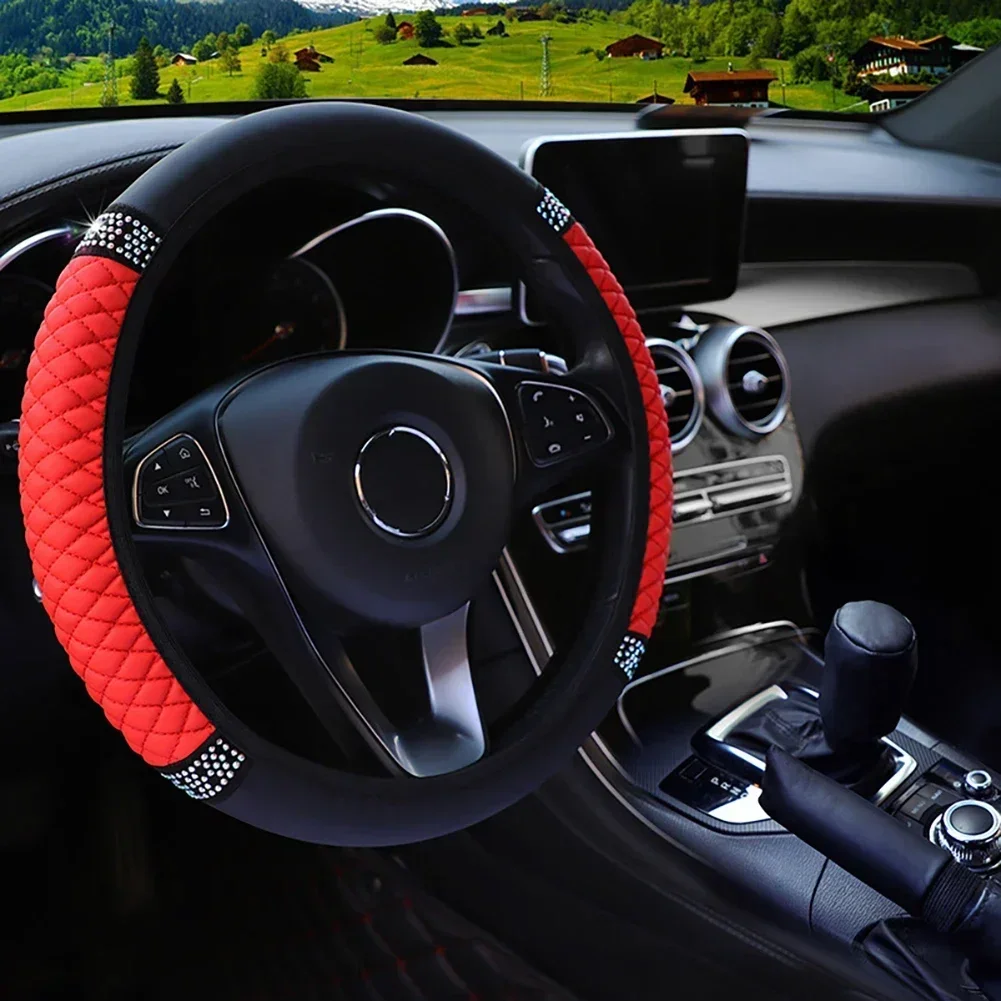 Car Steering Wheel Cover Without Inner Ring 37-38cm Three-dimensional Leather Embroidered Color Diamond-encrusted Breathable - Image 8