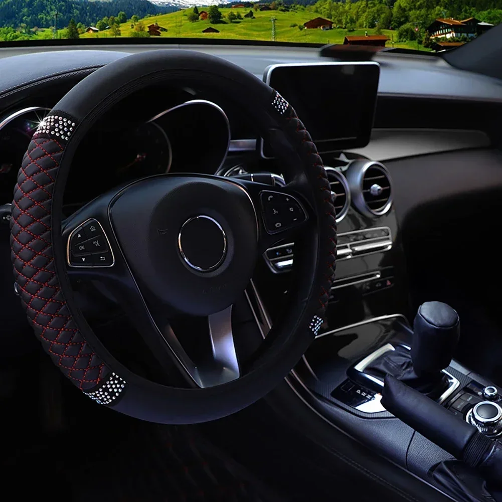 Car Steering Wheel Cover Without Inner Ring 37-38cm Three-dimensional Leather Embroidered Color Diamond-encrusted Breathable - Image 9
