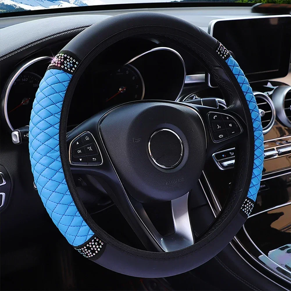 Car Steering Wheel Cover Without Inner Ring 37-38cm Three-dimensional Leather Embroidered Color Diamond-encrusted Breathable - Image 3