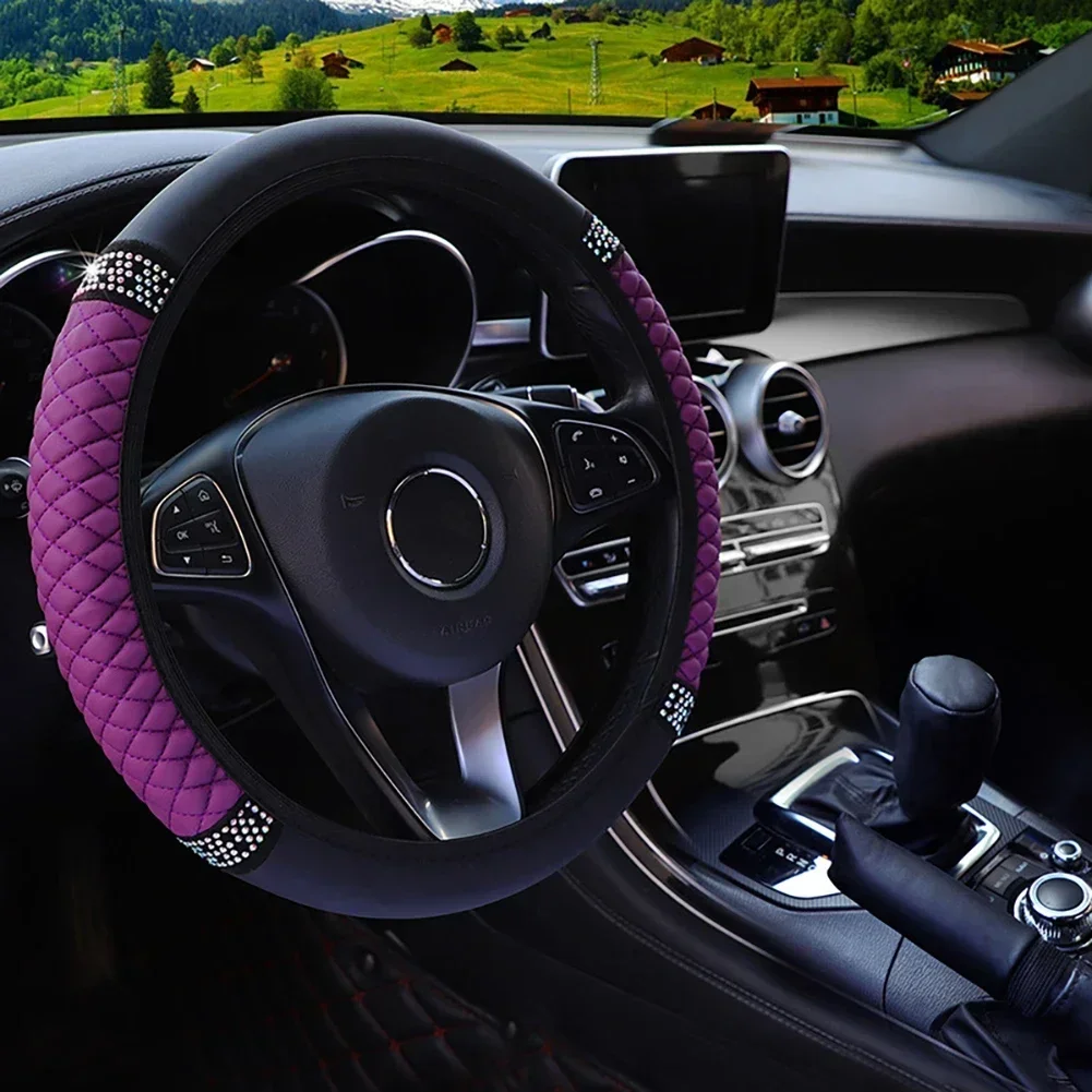 Car Steering Wheel Cover Without Inner Ring 37-38cm Three-dimensional Leather Embroidered Color Diamond-encrusted Breathable - Image 10