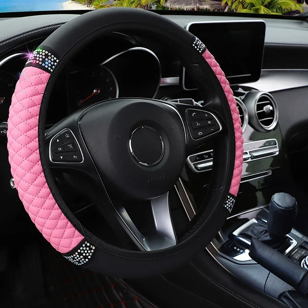 Car Steering Wheel Cover Without Inner Ring 37-38cm Three-dimensional Leather Embroidered Color Diamond-encrusted Breathable - Image 12