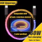 New Fast Charging Light Changing Data Cable 100W C-C Fast Charging Cable, Data Transmission, Multicolored LED RGB Light Gradient Car Interior Atmosphere Light Luminous Charging Cable – For All Type-C Samsung Galaxy S21/S20/S10/S9/S8 Plus/A60/A50