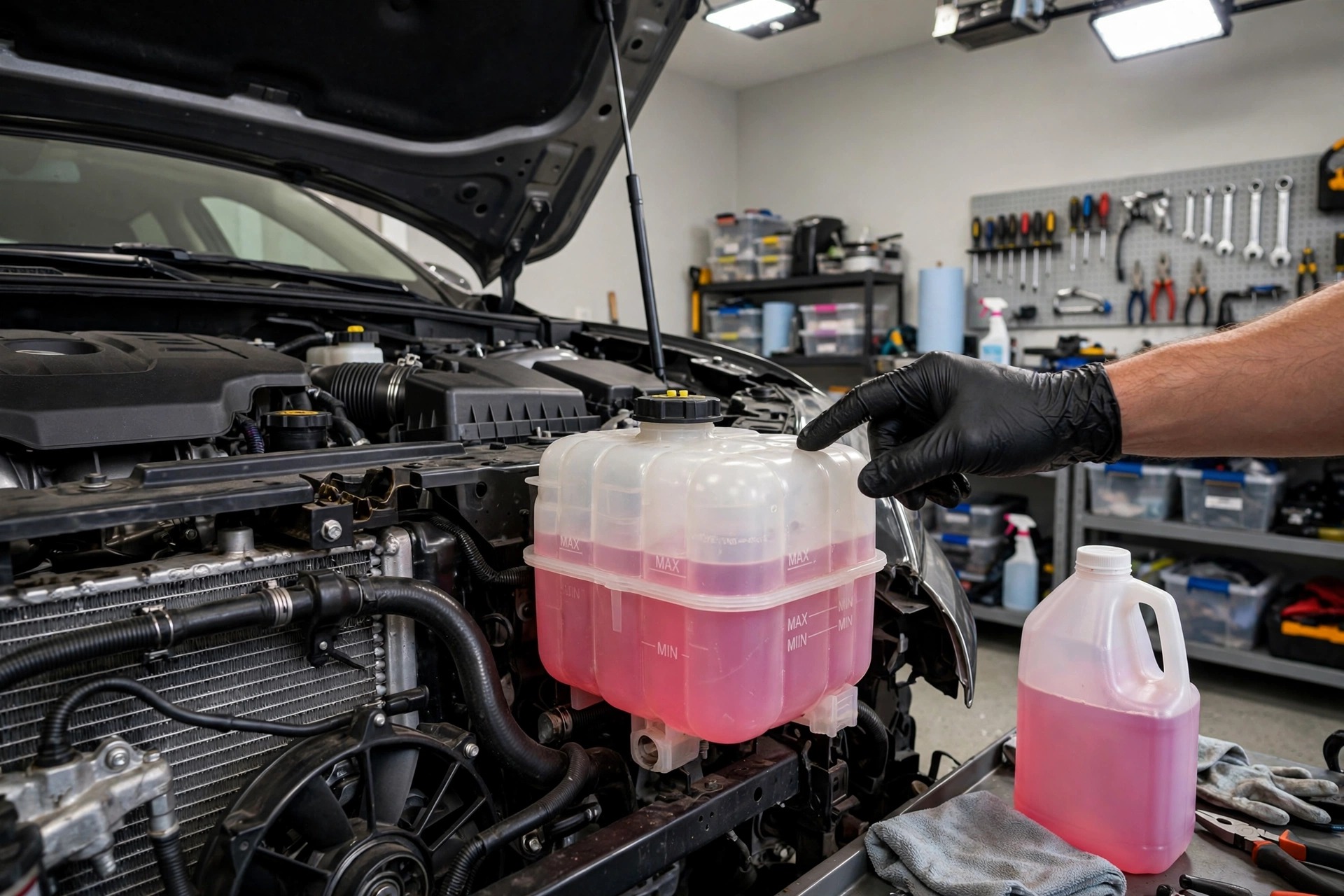 Checking coolant level in car engine bay